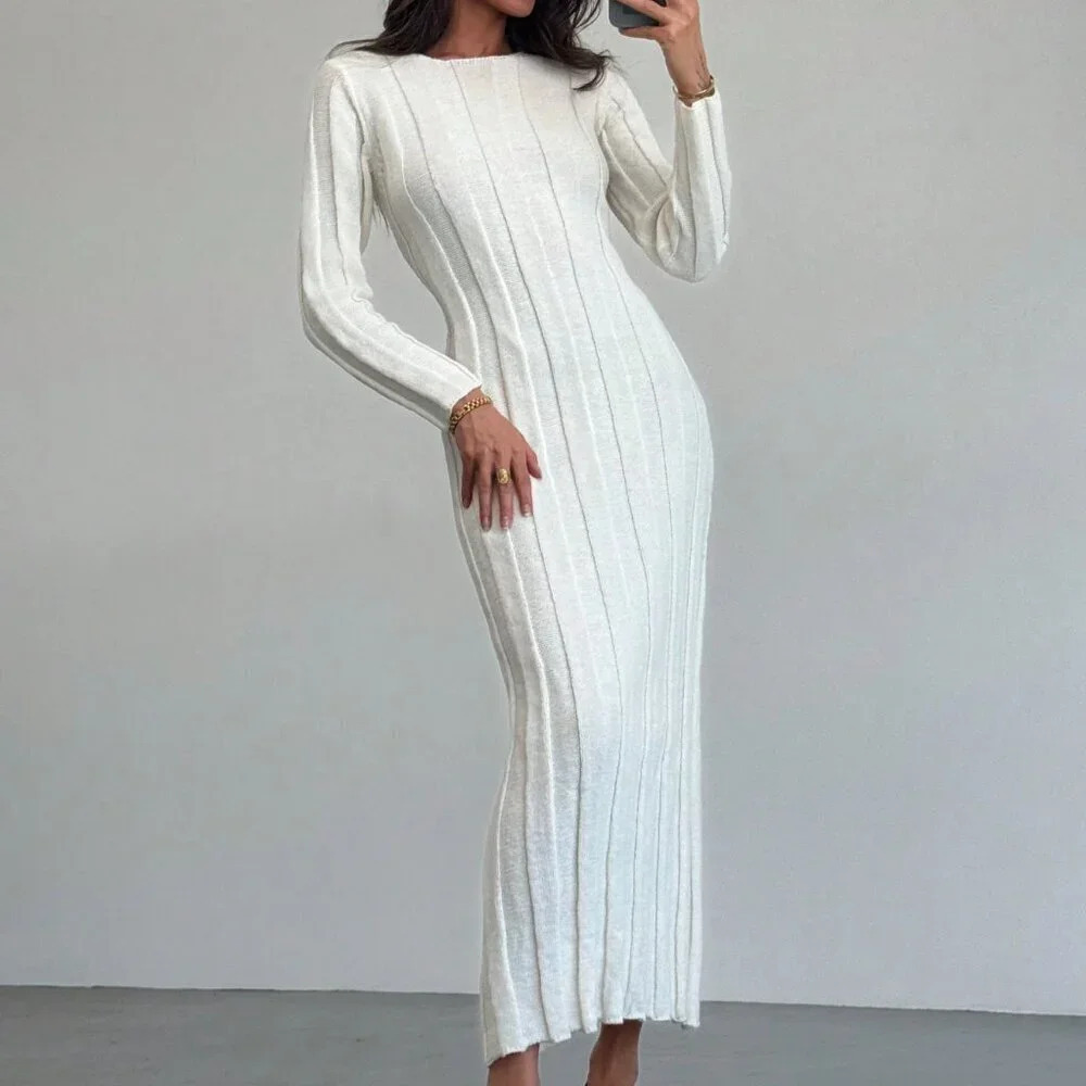 Beige Elegant Women's Crew Neck Long Warm & Comfortable Knit Casual Dress - Picture 8 of 9